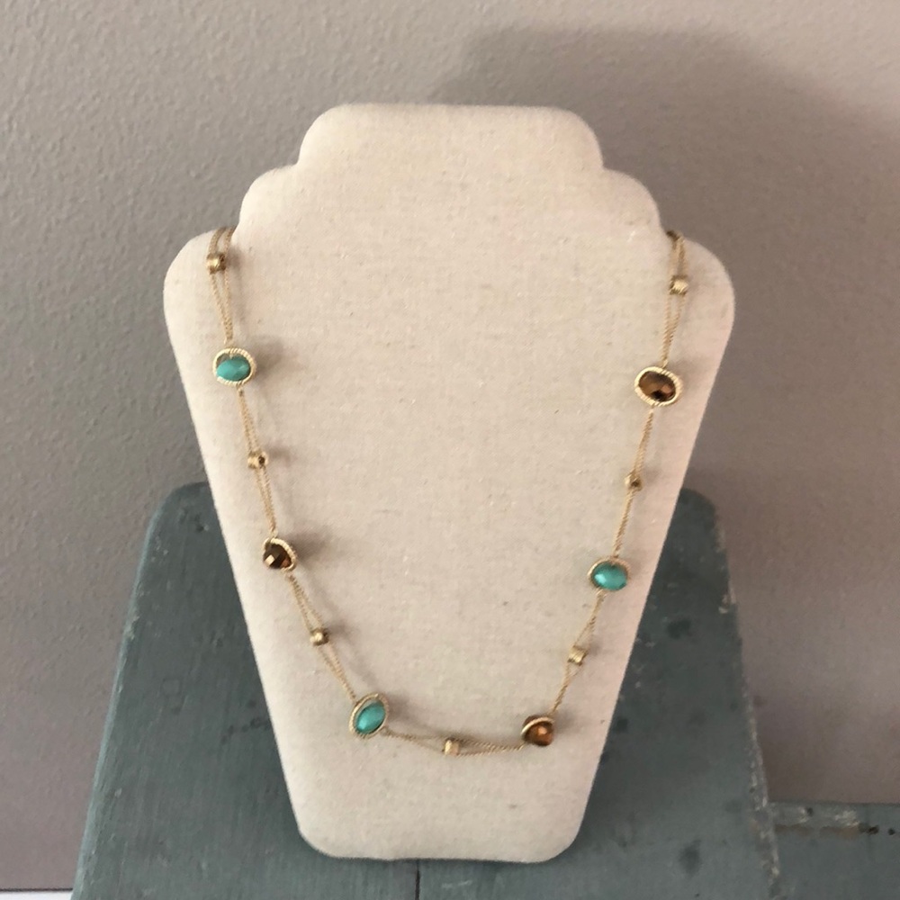 Long beaded turquoise and bronze gold necklace